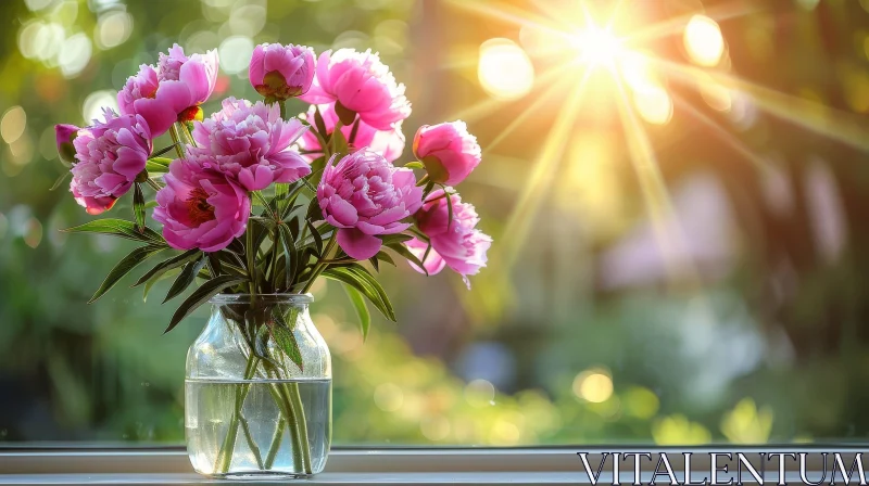 Pink Peonies Bouquet in Glass Vase - Floral Elegance on Windowsill AI Image