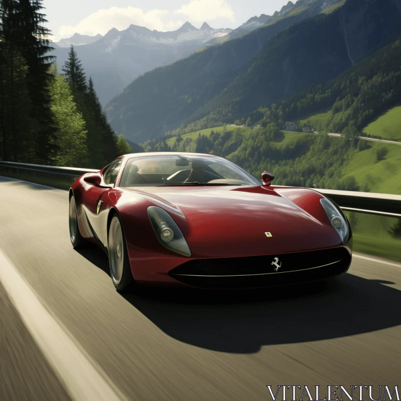Red Sports Car Driving Down a Road with Majestic Mountains AI Image