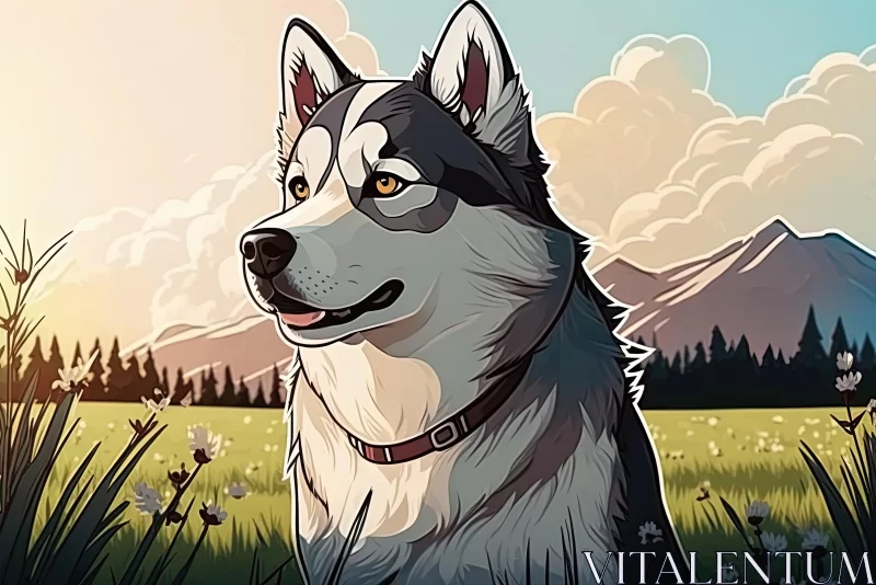 Captivating Art of a Siberian Husky in a Field with Mountains AI Image