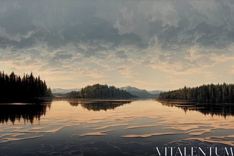 Captivating Nature Painting: Serene Lake and Majestic Trees AI Image