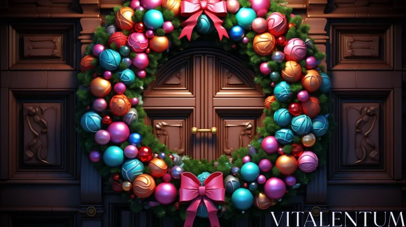 Festive Christmas Wreath on Wooden Door AI Image