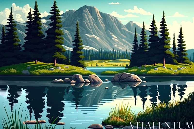 Landscape Illustration of a Serene Lake with Trees | Hyper-Detailed Artwork AI Image