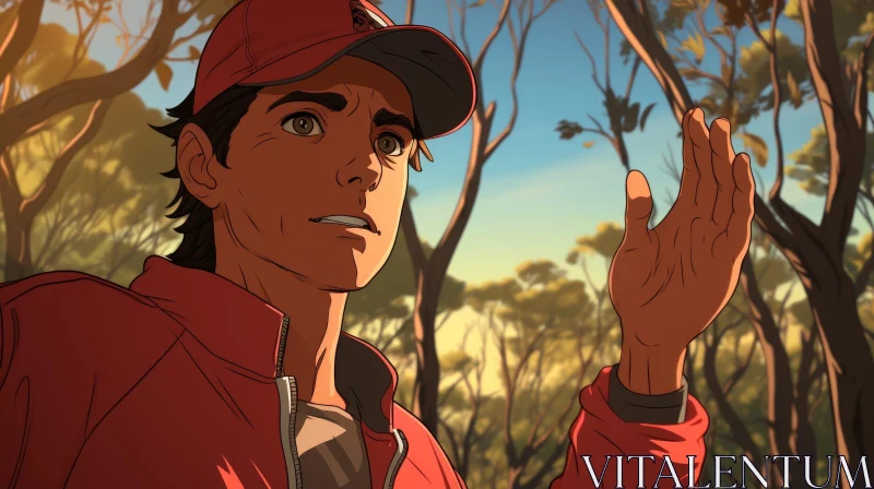 Surprised Young Man in Forest - Animated Movie Frame AI Image