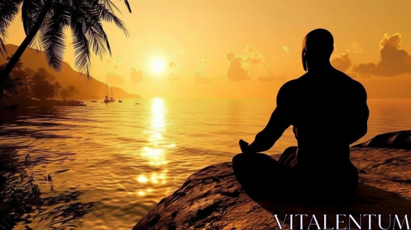 AI ART Golden Sunset Meditation - Tranquil Silhouette on Rock