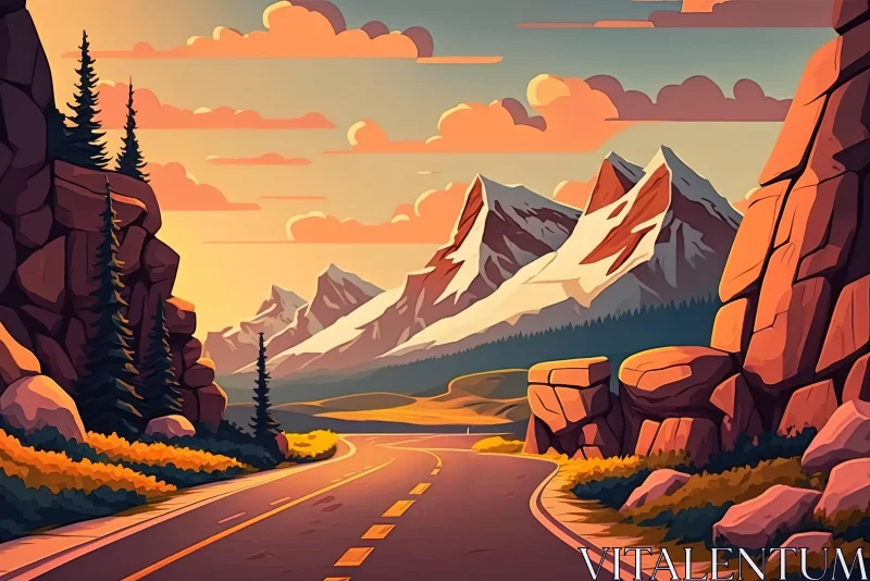 Mountain Road at Sunset: A Vibrant Cartoon Illustration AI Image