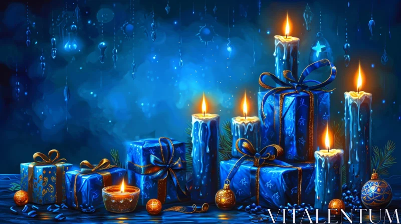 AI ART Serene Blue and Silver Christmas Image with Candles and Ornaments