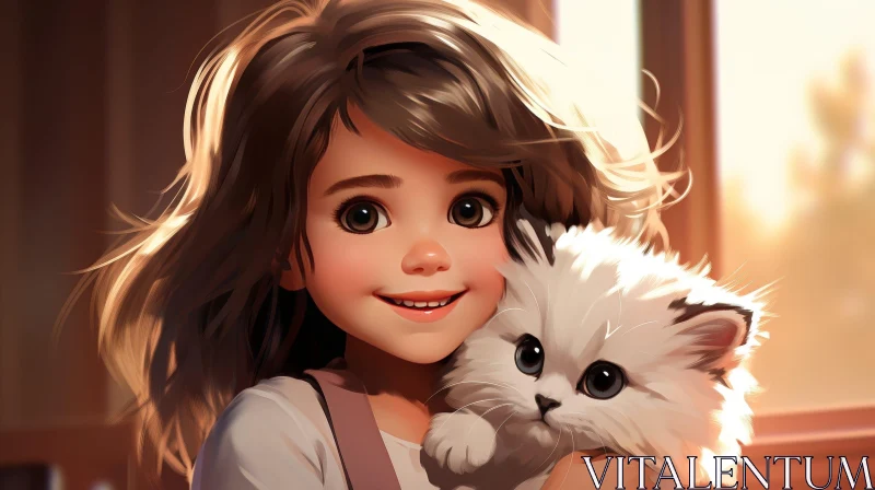 Sweet Girl and Kitten Portrait AI Image