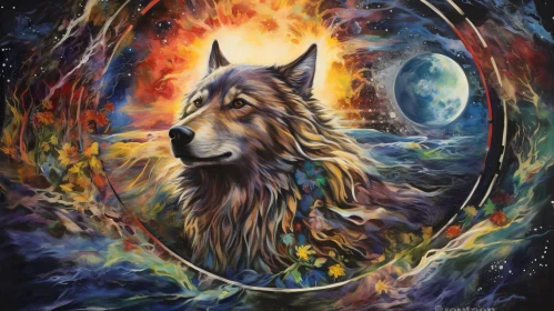 Wolf in Field of Flowers Painting - Moonlit Howling Scene