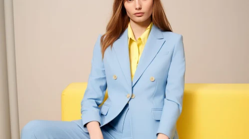 Young Woman in Blue Suit on Yellow Sofa