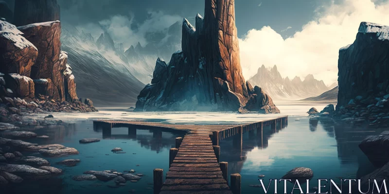 Captivating Pier in Frozen Waters - Mountainous Vistas and Crystalline Forms AI Image