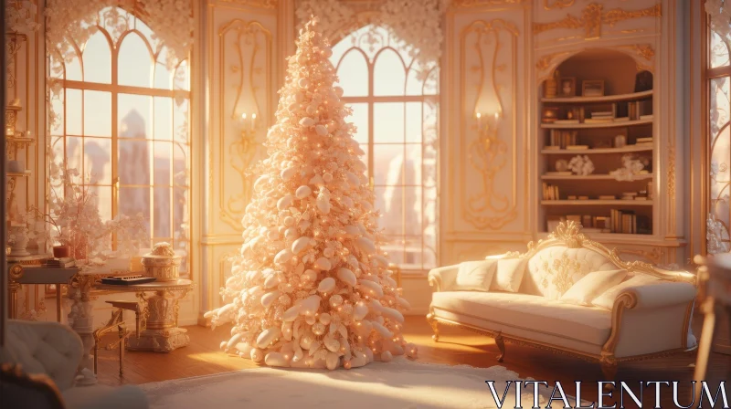 Cozy Christmas Tree Decor in a Living Room AI Image