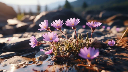 Delicate Purple Flowers in Rocky Riverbed