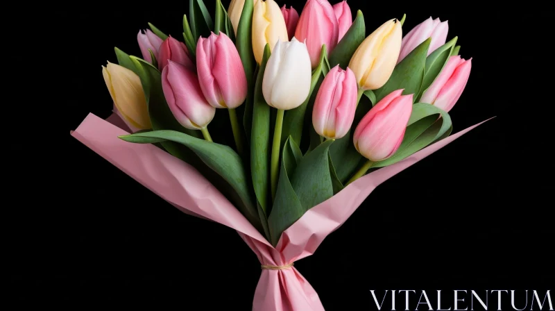 Elegant Tulip Bouquet on Black Background AI Image