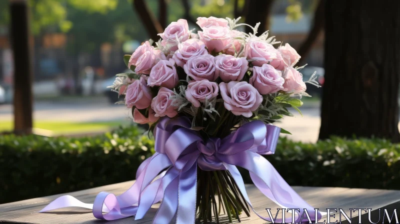 Enchanting Pink Roses Bouquet on Wooden Table Outdoors AI Image