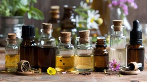 Essential Oil Bottles on Wooden Table - Forest Background