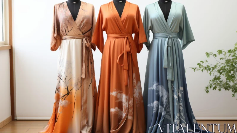 Luxurious Silk Kimono Robes in Orange, Brown, and Blue AI Image