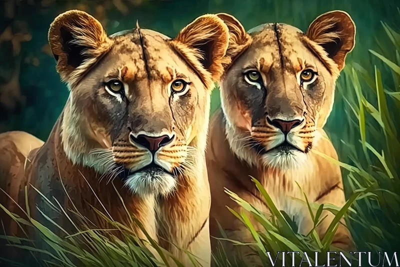 Majestic Lions in Tall Grass - Captivating Realistic Painting AI Image