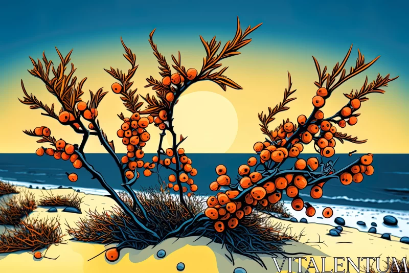 Vibrant Orange Berry Bush on a Beach - Surreal Illustration AI Image