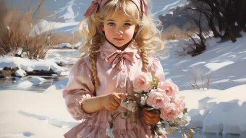 Young Girl in Pink Dress: Snowy Forest Painting
