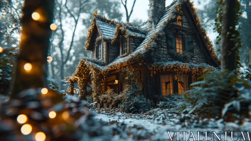 Enchanting Snowy Forest Cottage Scene AI Image