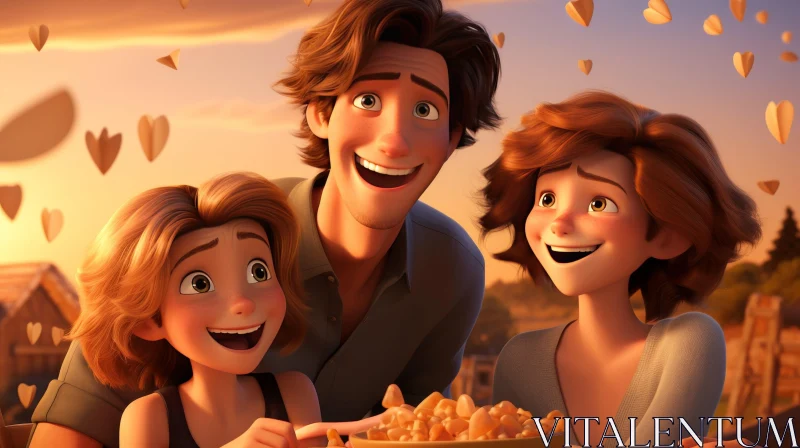 Happy Cartoon Family at Sunset AI Image
