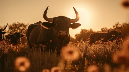 Majestic Bull in Lush Green Field at Sunset