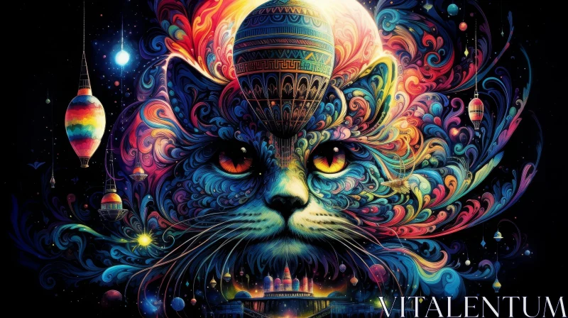 AI ART Psychedelic Cat Portrait - Colorful Abstract Art