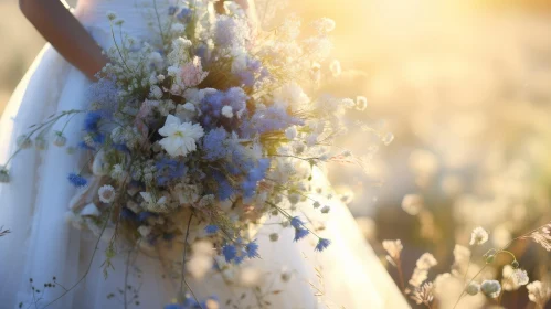 Sunlit Wedding Bride with Colorful Bouquet in Field