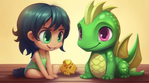 Adorable Cartoon Girl with Green Dinosaur