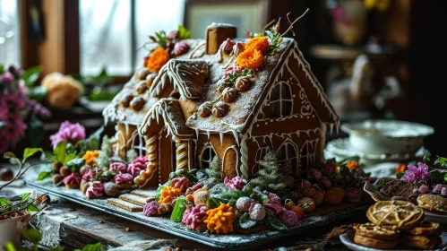 Delightful Gingerbread House with Flowers