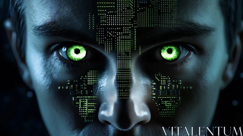 Green-Eyed Human Face with Circuit Board Pattern AI Image