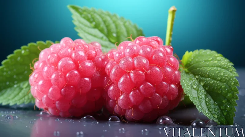 Juicy Raspberries with Green Leaves on Dark Background AI Image