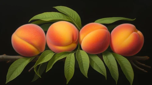 Ripe Peaches on Branch with Green Leaves - Still Life Photo