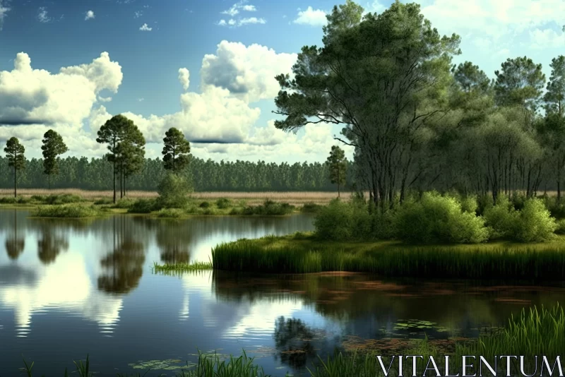 Serene Forest Scenery: Hyperrealistic Reflections and Detailed Rendering AI Image