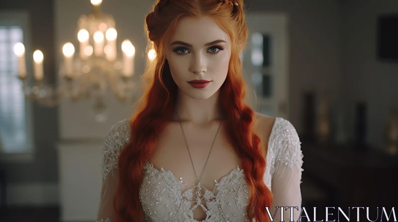 Serious Red-Haired Woman in Lace Dress AI Image
