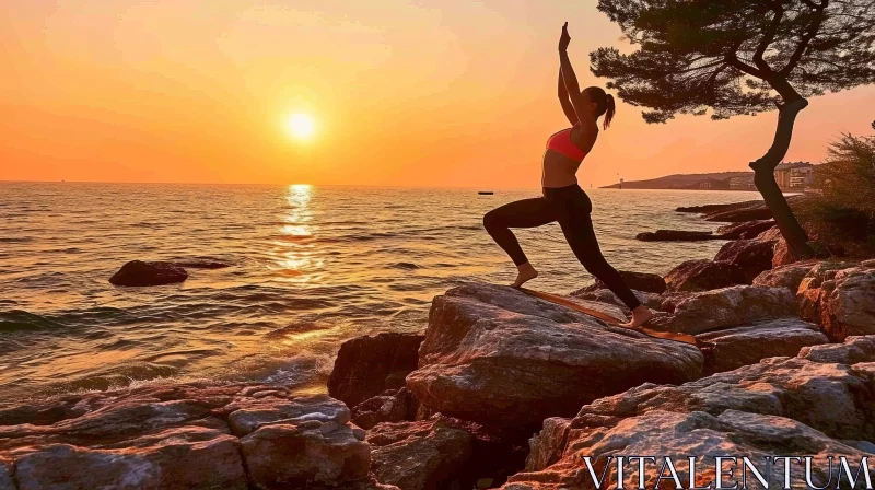 Yoga at Sunset on Rocky Beach AI Image