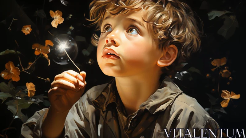 Young Boy and Dandelion Seed Head Painting AI Image