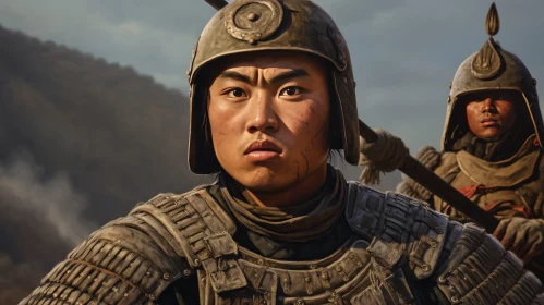 Ancient Asian Warrior Portrait in Mountain Landscape