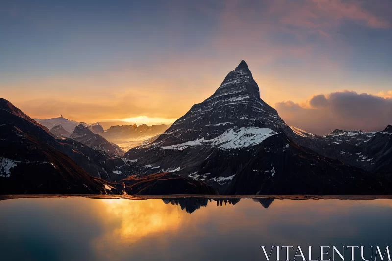 Captivating Mountain Reflection at Sunset: Norwegian Nature and Surreal Architectural Landscapes AI Image