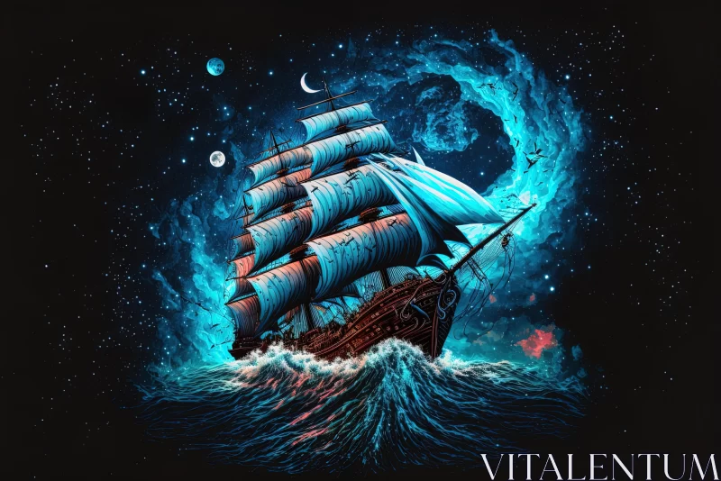 Sail Ship on Moon in the Ocean Art Design - Cosmic Graffiti Illustration AI Image