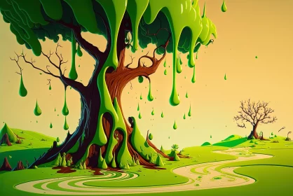 Whimsical Tree Dripping with Green Paint | Surrealistic Cartoon Art