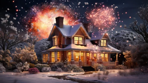 Enchanting Winter Scene with Festive House and Fireworks