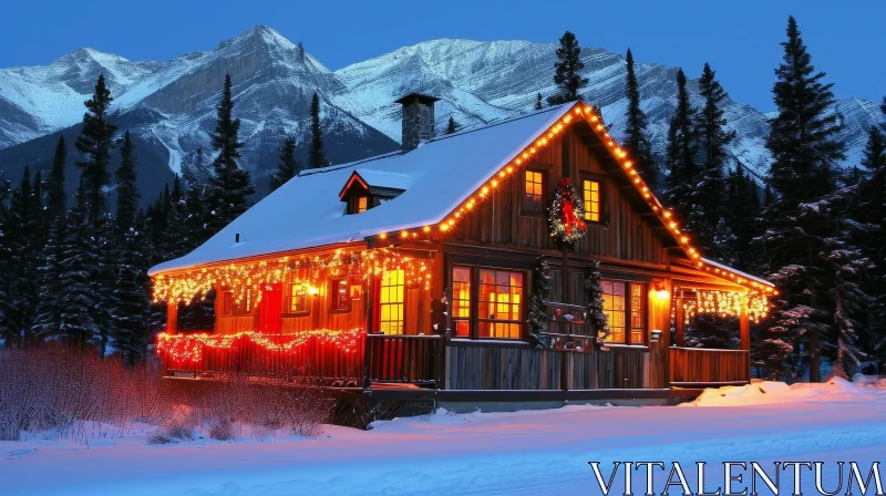 Snowy Forest Cabin with Christmas Lights and Mountain View AI Image