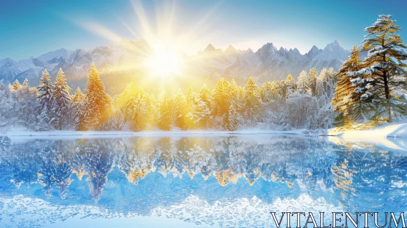 Winter Landscape with Bright Sunshine over Frozen Lake AI Image