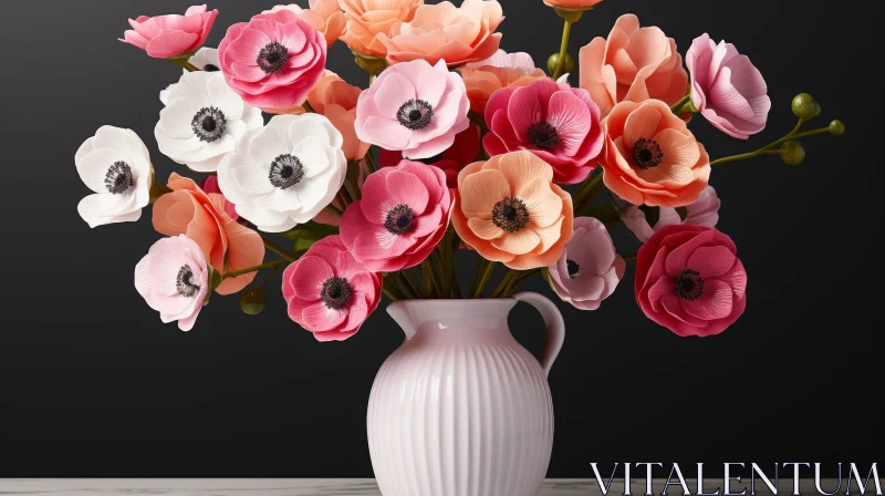 Elegant Anemone Flower Bouquet in Ceramic Vase AI Image