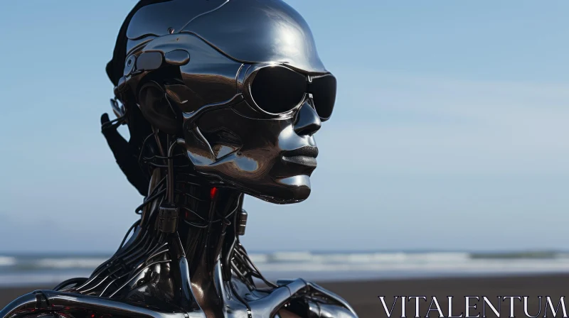Female Robot Portrait with Sunglasses on the Beach AI Image
