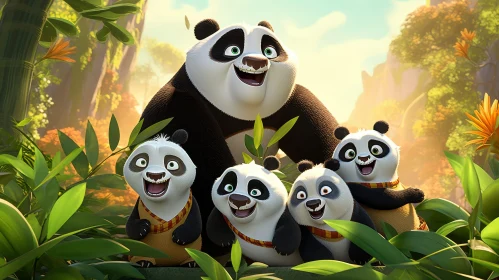 Adorable Panda Family Illustration in Bamboo Forest