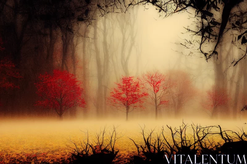 Captivating Foggy Landscape with Red Leaves - Romantic Fantasy Art AI Image