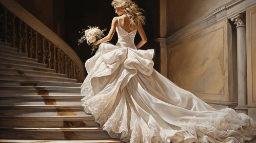 Elegant Bride Painting on Marble Staircase