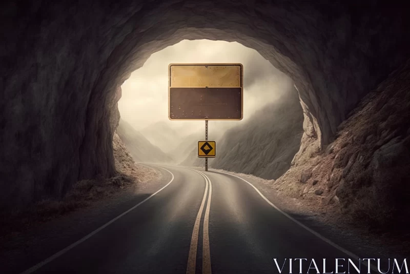 Surrealistic Road Sign Emerges from Tunnel - Moody Tonalism AI Image